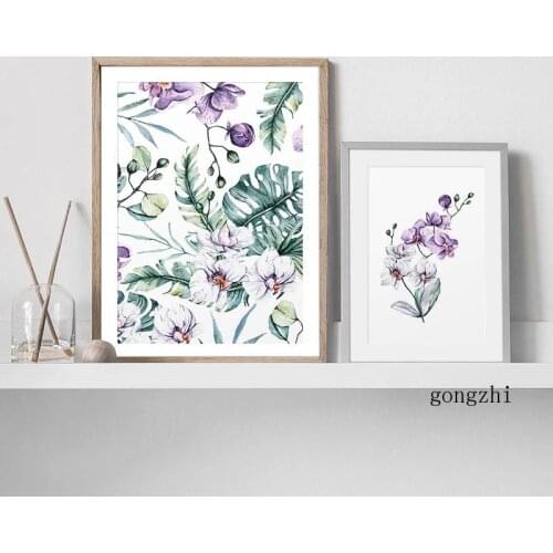 Watercolor Purple Tropical Leaf Orchid Poster Abstract Modern Plant Flower Wall Art Picture Canvas Print Painting Bedroom Decor