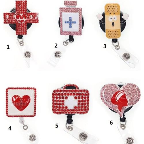 10pcs/lot 6kinds sparkly Rhinestone nursing heartbeat/heart/band Aid Retractable ID Badge Holder/Reel clip nurse day gift