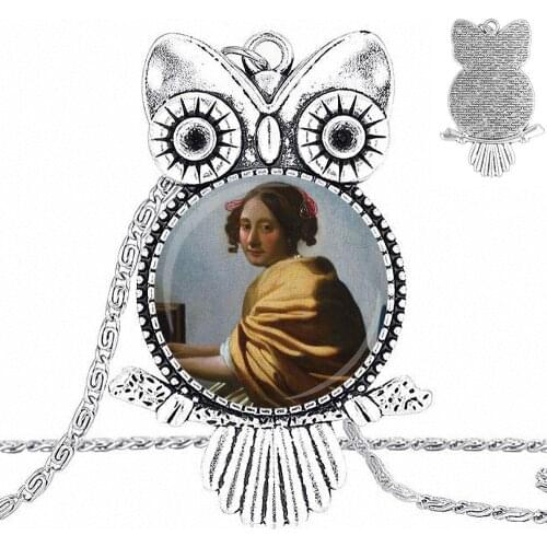 EJ Glaze Johannes Vermeers Masterpiece For Women Girls Glass Cabochon Choker Pendant Owl Necklace Bronze Color Jewelry