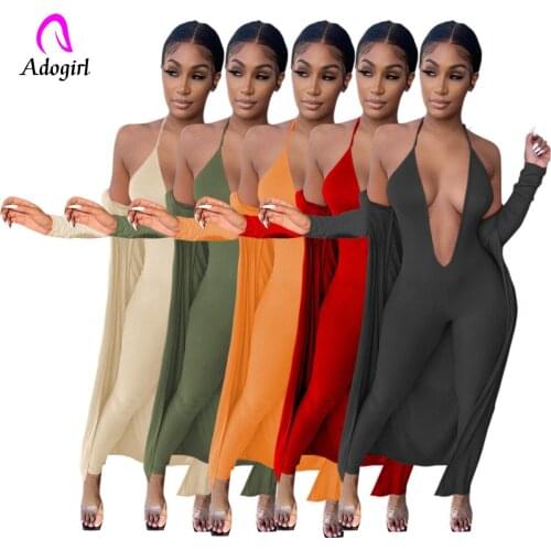 Fitness Women 2 Piece Set Ribbed Knitted Cloak + Halter Skinny Jumpsuit Sexy Deep V Neck Club Party Outfits Solid Slim Tracksuit