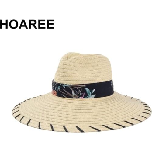 HOAREE Summer Hats for Women Wide Brim Straw Hat Print Sombrero Seaside Travel Koran Fashion Sun Protective Cap 56-58cm