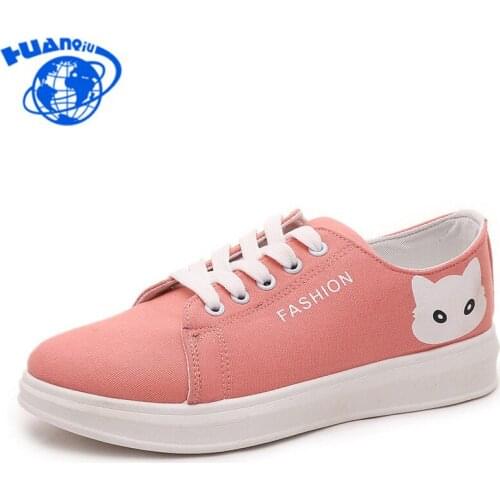 HUANQIU 2018 New Fashion Canvas Casual Shoes Women Cute Cat Candy White Black Pink Girls Shoes Breathable Women Flat Shoes JH188
