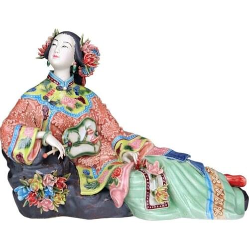 Classical Ladies Spring Craft Painted Art Figure Statue Ceramic Antique Chinese Porcelain Figurine Home Decorations Gift