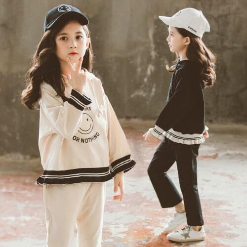 2020 Big Girl Spring Autumn Clothing Set Fashion Lace smileface Hoodies+pants Kids Children 2pcs Casual Suits Clothes 4-14T