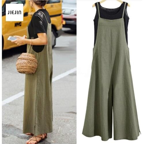 Jumpsuit Summer Solid Strap Wide Leg Pants Women Casual Loose Bib Overalls Sleeveless Oversized Cotton Linen Jumpsuits 5XL