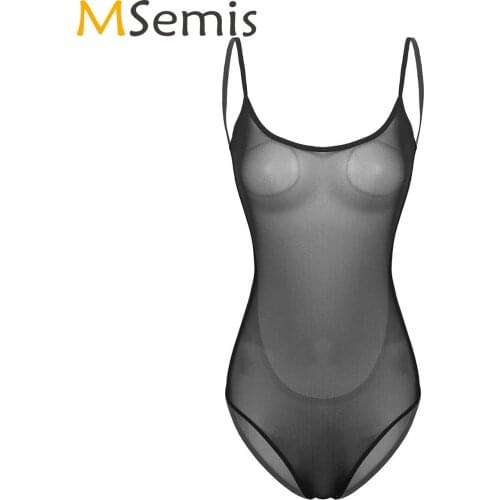 Women Spaghetti Straps One-piece Teddy Lingerie Hot Deep U-neck Backless Transparent Bodysuit Sexy Ultra-thin Sheer Mesh Catsuit