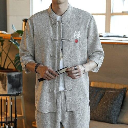 Chinese Style Mens Tops Tang Suit Linen Long Sleeve Traditional Wu Tang Kung Fu Uniform China Hanfu Shirt Plus Size M-5XL CN-161