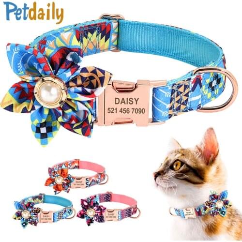 Nylon Print Dog Collar Personalized Pet Cat ID Collars Free Engraving Tag Nameplate for Small Medium Large Dogs Cats Pitbull Pug