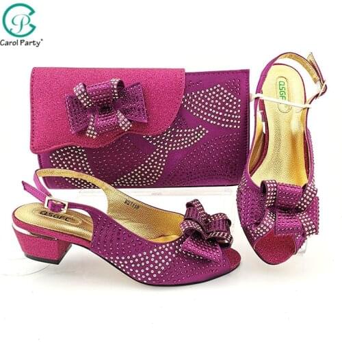 African New Arrival Magenta Color Low Heels Italian Design Women Shoes and Bag Set Decorated With Narrow Band and Cross-tied