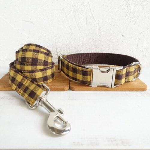 Customized Dog Collar Engraved Puppy ID Tag Leash Collar Set Adjustable Outdoor Plaid Pet Collar Leash Fabric BROWN YELLOW PLAID