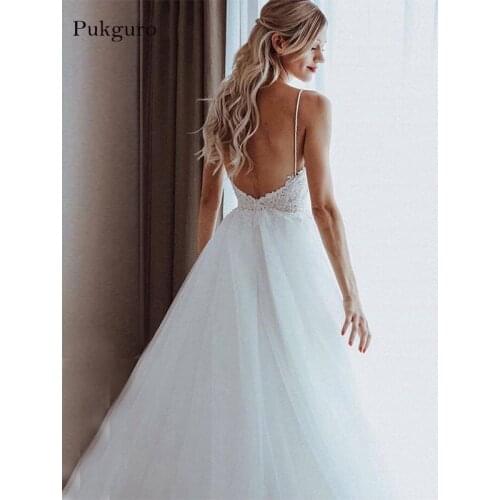 Pukguro Elegant Tulle Wedding Dress Sweetheart Pearls Spaghetti Strap Lace Applique Beaded A-Line Bride Dress Boho Wedding Gown