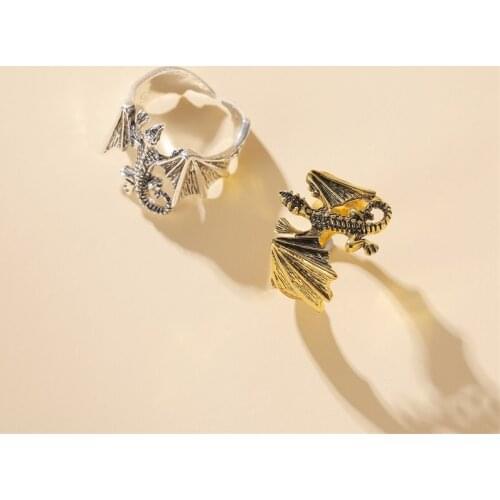 Retro Dragon Pterosaur Metallic Emboss Halloween Animal Silver Plated Golden Copper Open Rings for Women & Men