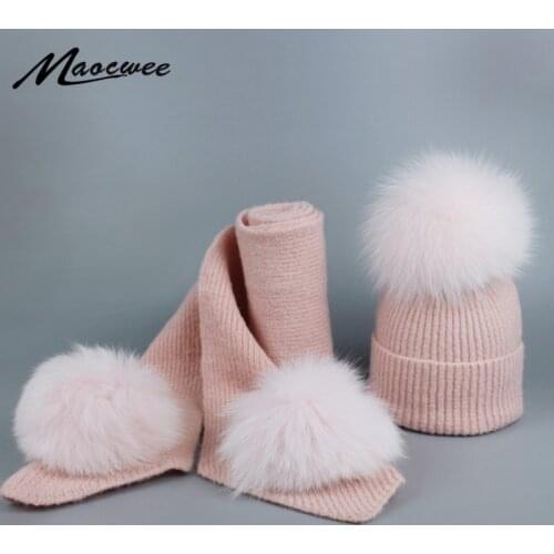 Fox Real Fur Ball Pom Poms Winter Wool Cotton Hats and Scarf Set for Women Girl 's Hat Knitted Beanies Thick Skullies Scarves