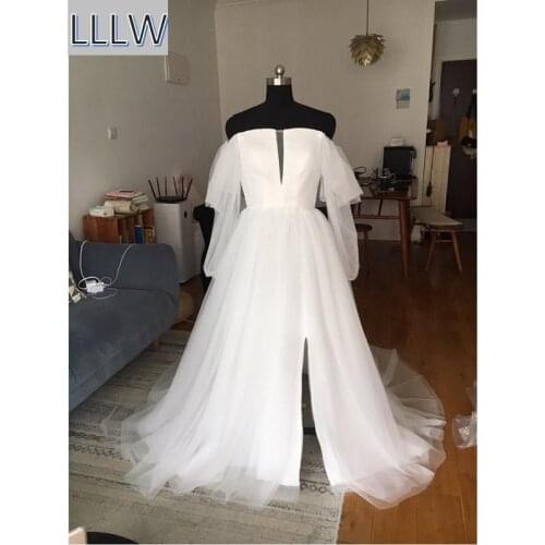 White Tulle Off The Shoulder Floor-Length Princess A-Line Wedding Dresses Chapel Train Custom Made Layered Skirt