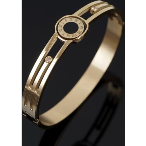 Vintage Crystal Roman Numerals Bangle For Women Men Punk Gold Stainless Steel Couple Bracelet Hollow Black Shell Jewelry Gifts