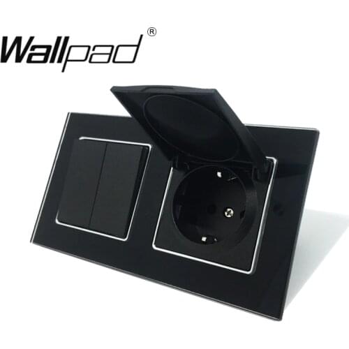 EU Socket Witch Dust Cap Wallpad 110-250V Crystal Glass EU 2 Gang 1 Way Light Switch with EU Cap Socket with Claws Black
