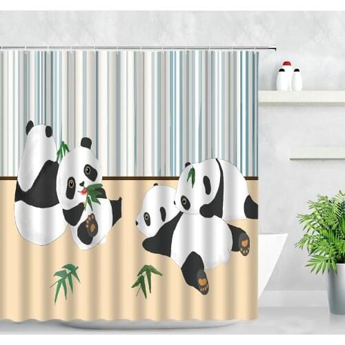 Funny Panda Shower Curtains Cartoon Wild Animal Green Leaves Striped Children Bathroom Decoration Waterproof Fabric Curtain Sets