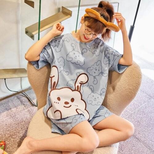 For Women 100% Cotton Satin Soft Lounge Nightwear Atoff Home Fashion Silk Cute Sleepwear Summer Korean Blue Pajama Set
