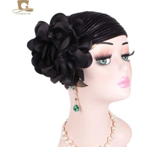 New Women Luxury Flower Ruffle Metallic Turban Headband Chemo Cancer Hair Loss Cap Ladies Head Wraps hair accessories