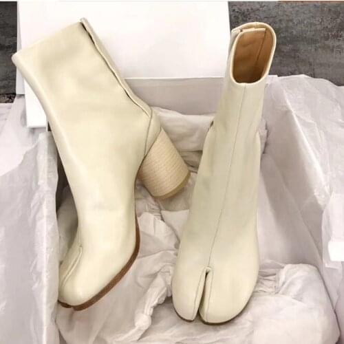 Tabi Split-toe Top Women Boots Buckle Block Heels cream-colored Leather size 41 42 Chunky Booties Botas Feminina Shoes Woma