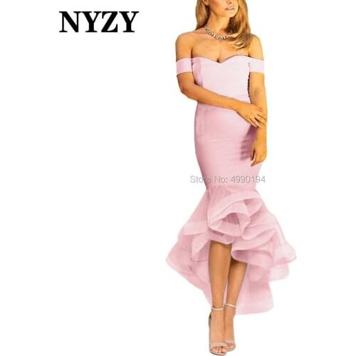 NYZY B5A vestido curto Robe Cocktail Prom Satin Off Shoulder Short Front Long Back Pink Bridesmaid Dresses 2020