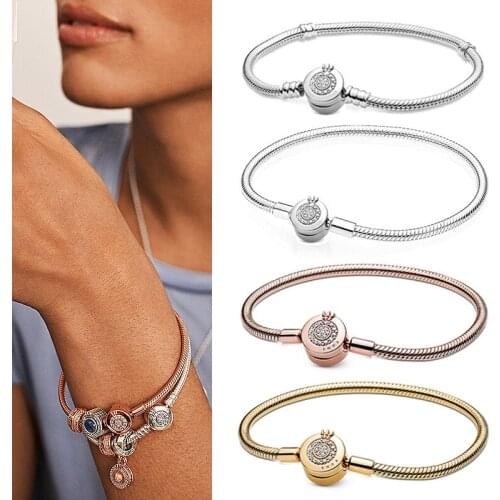 2020 New 925 Sterling Silver Rose Gold Glittering Crown O Snake Bone Bracelet Fit European Charm Bracelets Women Jewelry