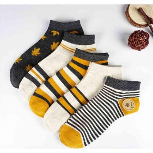 5Pairs/lot Woman Socks Harajuku Striped Leaf Cotton Short Socks Summer Casual Female Women Ankle Socks sokken