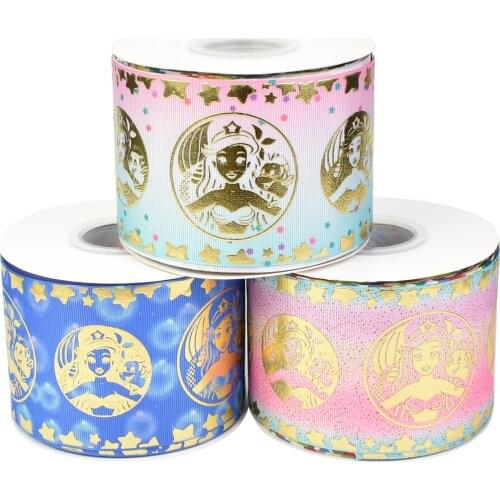 50yards 75mm Gold Foil Mermaid Sea-maid Grosgrain Ribbon For DIY Accessories Welcome Custom designs