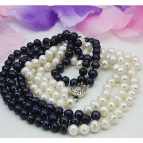 7-8mm natural white black freshwater cultured nearround beads 3 rows necklace for women prom weddings diy gifts 17-19inch B3238