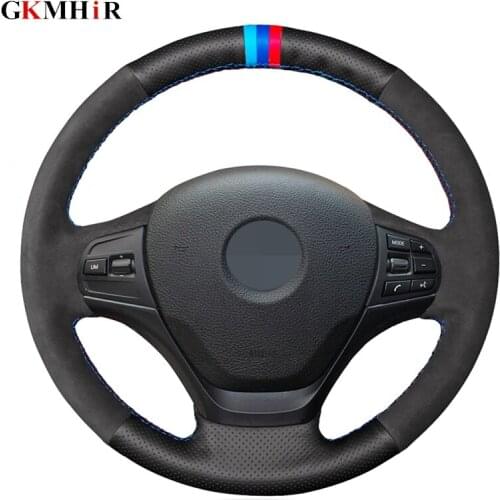 Black Genuine Leather Black Suede DIY Hand-stitched Car Steering Wheel Cover for BMW F20 F30 F31 F34 F21 F22 F23