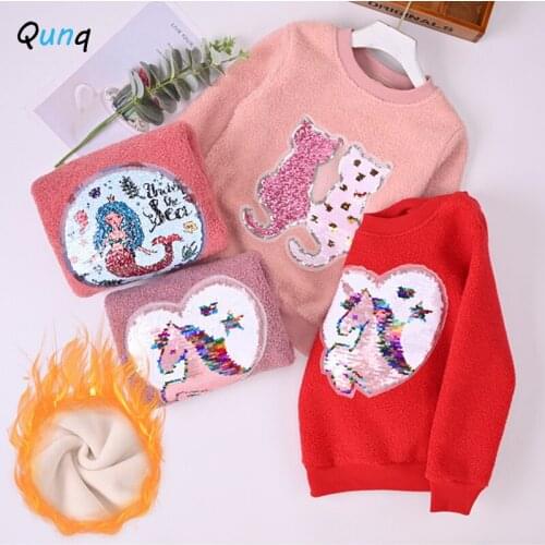Qunq Sequined Girls Shirts Thick Warm 2021 New Winter Spring Kids Pullovers for Girl 3 4 5 6 7 8 9 10 11 12 Year Children Tops