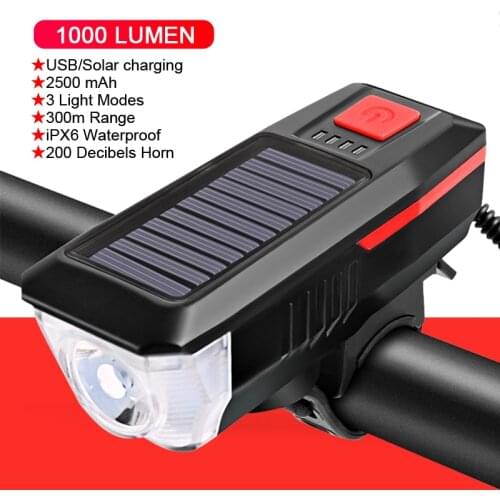 Solar Powered Bike Head Light Lamp Safety Cycling Horn Electric Bicycle Bell USB Rechargeable LED Bicycle Headlight Accessories