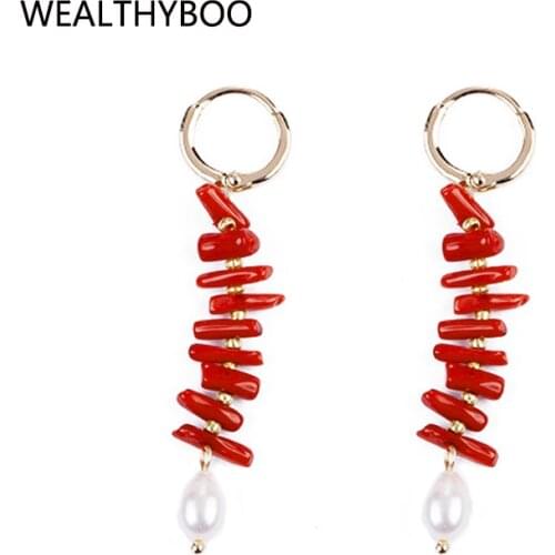 Red coral dangle earrings pearl boho ear rings for women luxury Earring female