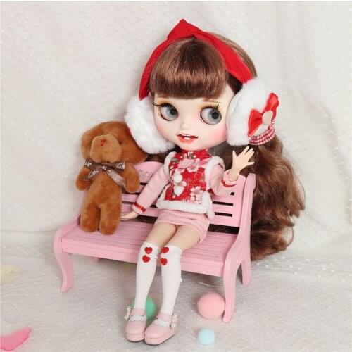 ICY DBS Blyth doll New year suit Christmas clothes pink dress Earmuffs stocking