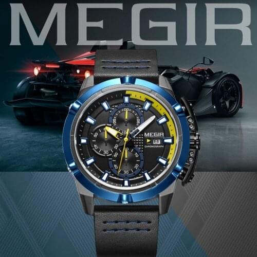 MEGIR 2062 Mens Multi-Functional Business Leather Chronograph Casual Sports Waterproof Quartz Calendar Male Wristwatches