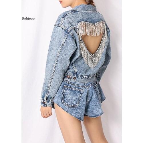 Fashion Female New Patchwork Tassel Diamond Denim Jacket For Women Lapel Long Sleeve Hollow Out Casual Jackets