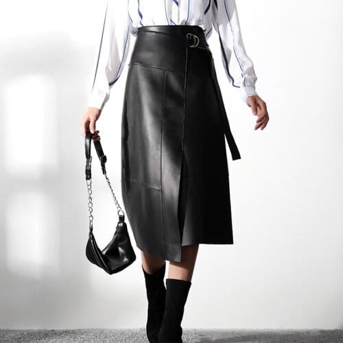 Fashion Asymmetrical pu leather skirts female college style high waist was thin leather skirts with belt F1166 factory