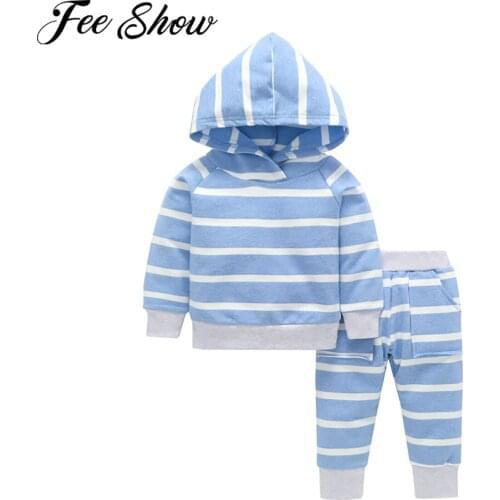 Newborn Baby Boys Girl Clothes Striped Long Sleeve Hooded Sweatshirt Pants 2pcs Sport Outfit Cotton Infant Baby Tracksuit Sets
