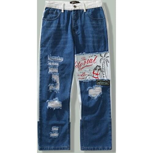 Sexy Girl Doodle Print Ripped Jeans Men Hip Hop Color Contrast Patchwork Loose Straight-leg Pants Harajuku Baggy Jogger Trousers