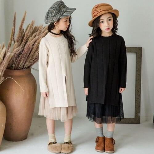 Girl Sweater Dress Set Knitted Back To School Clothing Winter Autumn Knit Dress + Tulle Skirt Kids 2 Pcs Suit 4 6 8 10 12 14 Y