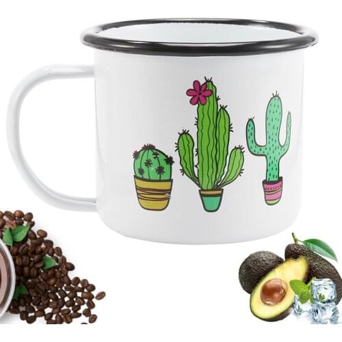 Simple Black edge Enameled Cup, Cacti Pattern Milk Mug, Home Office Coffee Cup