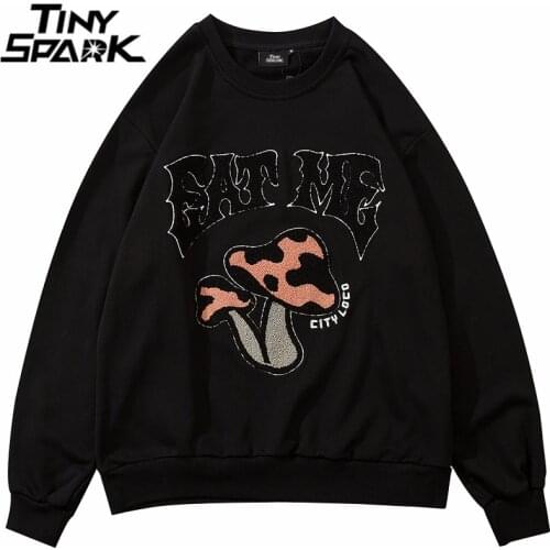 Hip Hop Streetwear Pullover Sweatshirt Mushroom Letter Pullover 2021 Men Autumn Harajuku Cotton Casual Sweat Shirt Black Gray