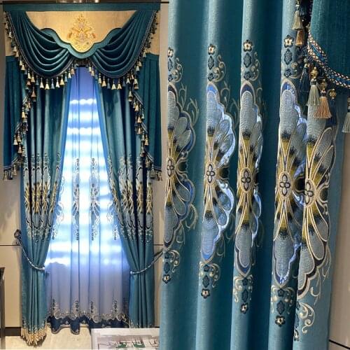 Blue European-style Embroidered Curtains Finished Custom Blackout Curtains for Living Dining Room Bedroom