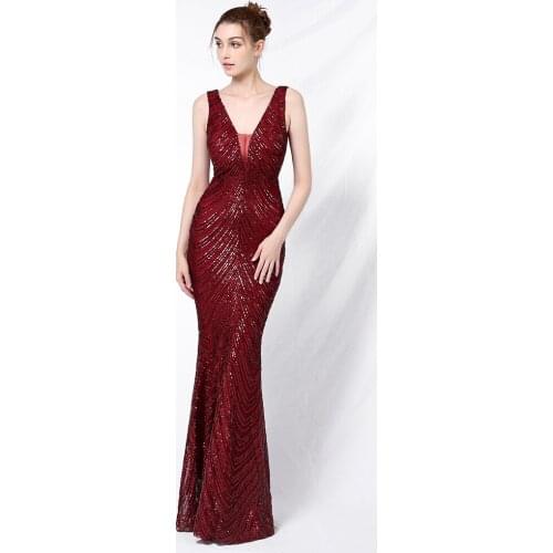YIDINGZS Women Sexy Party Maxi Dress 2021 Deep V Neck Burgundy Sequin Evening Dress