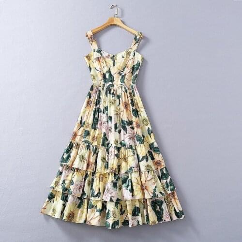 European and American womens clothing 2021 New Style for Spring Condole belt Floral print Fashion cake dress