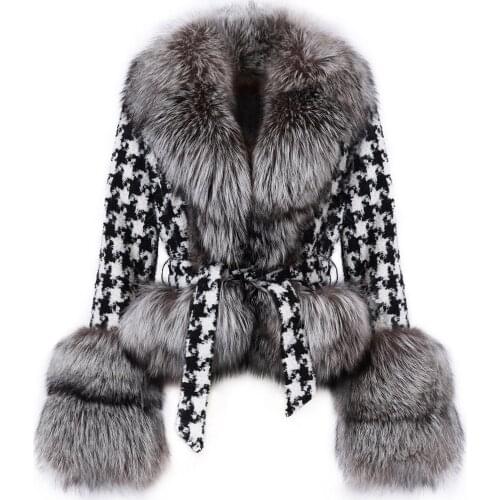 YOLOAgain Women Real Fur Coat Jacket Natural Fox Fur Collar And Sleeves Wool Blends Ladies Streetwear