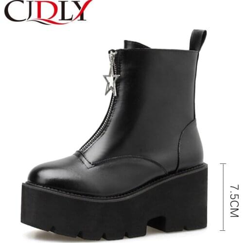 CJDLY Fashion Zipper Block Heel Boots Women Platform Shoes Short Wedge Woman Autumn Leather Black Gothic Style New Arrival