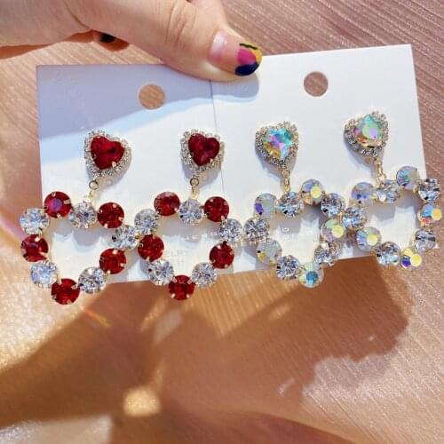 MENGJIQIAO Korean New Luxury Hollow Crystal Red Heart Drop Earrings Mujer Moda Bijoux Brincos Pendientes Party Jewelry