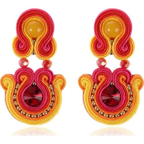 Soutache weaving handmade Drop earrings Ethnic boho Fashion jewelry for women big Dangle earring Leather design red orange white