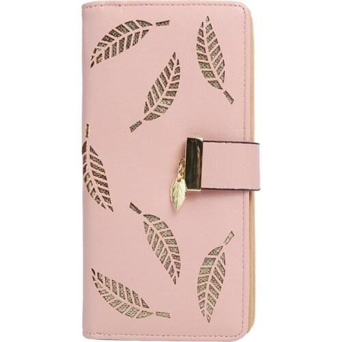 2021Women Wallet Pu Leather Purse Female Long Wallet Gold Hollow Leaves Pouch Handbag for Women Coin Purse